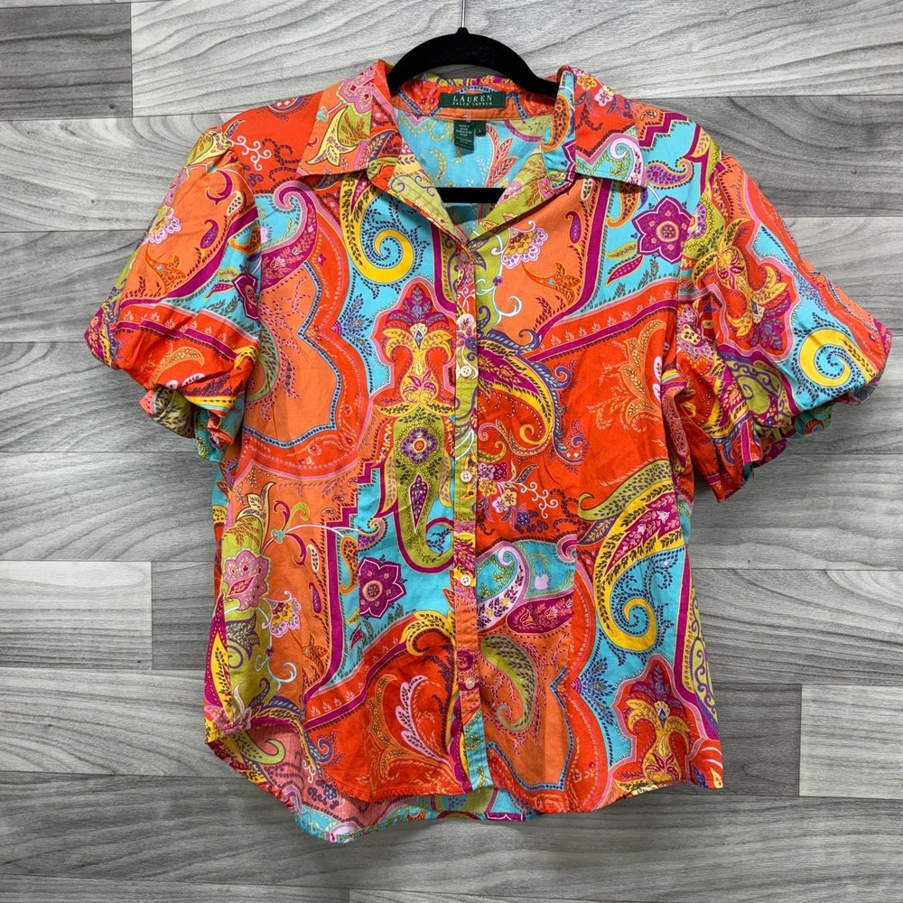 Lauren Ralph Lauren Shirt Women Large Orange Paisley Print Collared Button-Up